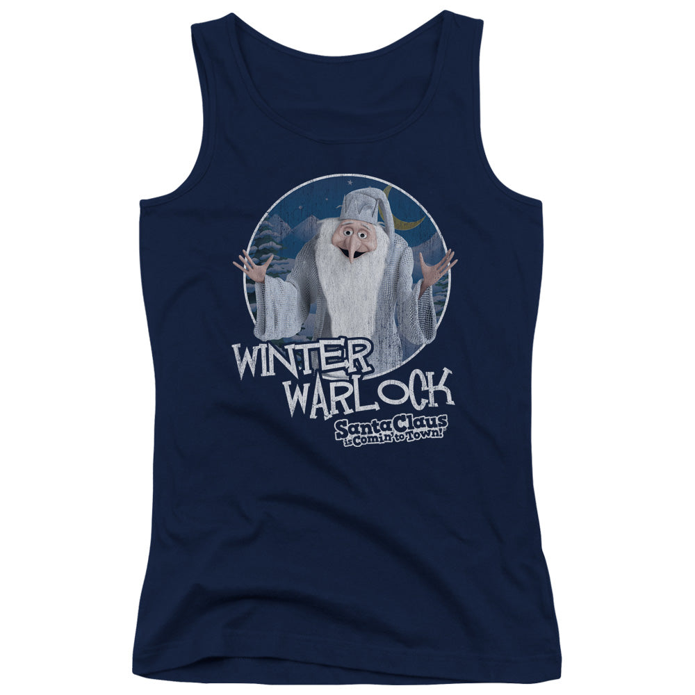 Santa Claus is Comin to Town Winter Warlock Womens Tank Top Shirt Navy Blue Blue