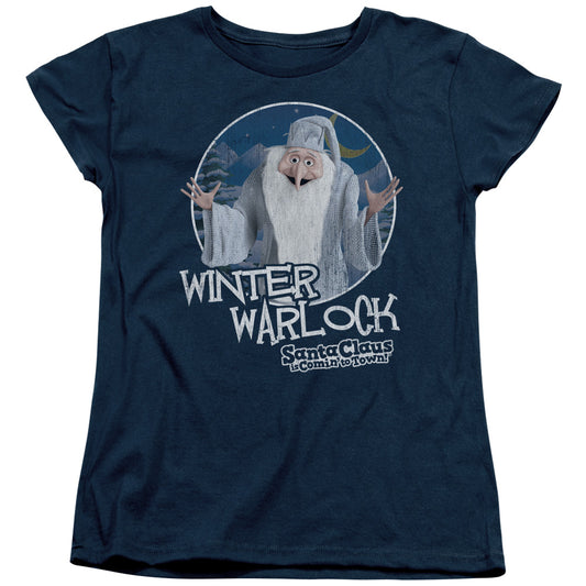 Santa Claus is Comin to Town Winter Warlock Womens T Shirt Navy Blue Blue