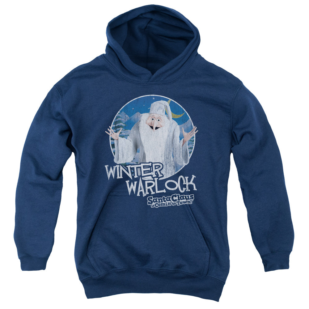 Santa Claus is Comin to Town Winter Warlock Kids Youth Hoodie Navy Blue Blue