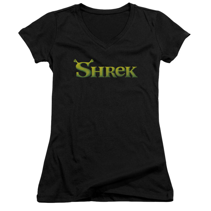 Shrek Logo Junior Sheer Cap Sleeve V Neck Womens T Shirt Black