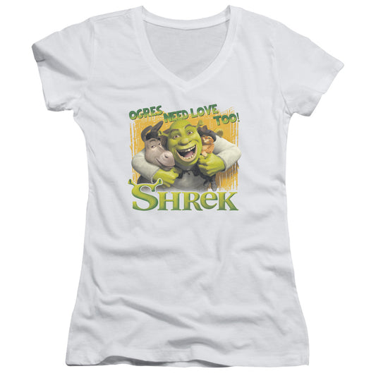 Shrek Ogres Need Love Junior Sheer Cap Sleeve V Neck Womens T Shirt White