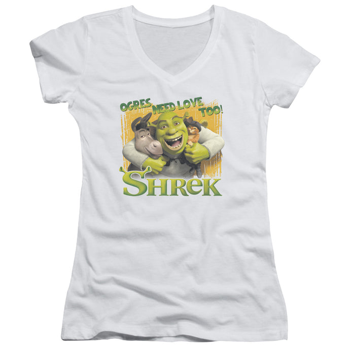Shrek Ogres Need Love Junior Sheer Cap Sleeve V Neck Womens T Shirt White