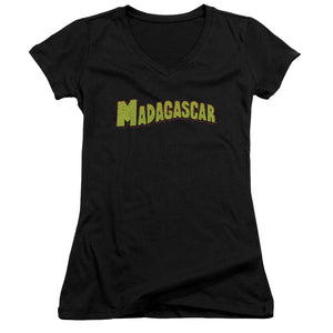Madagascar Logo Junior Sheer Cap Sleeve V-Neck Womens T Shirt Black