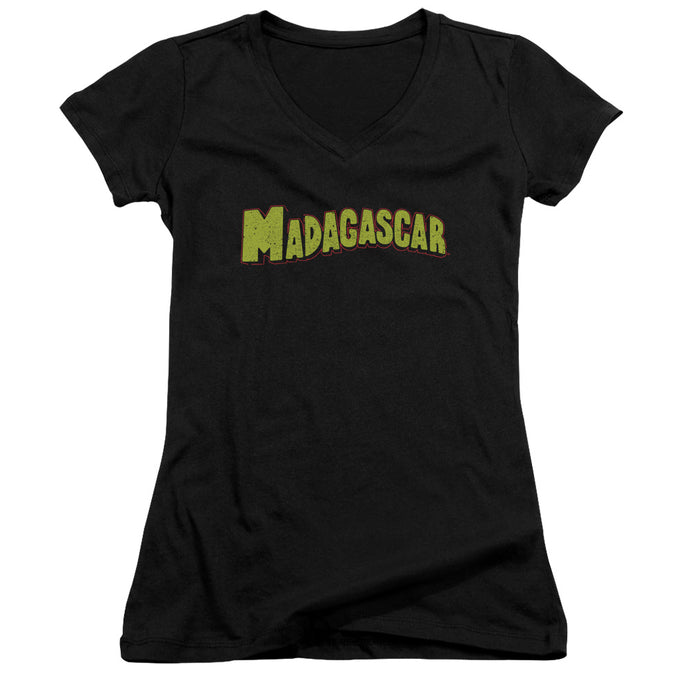 Madagascar Logo Junior Sheer Cap Sleeve V-Neck Womens T Shirt Black