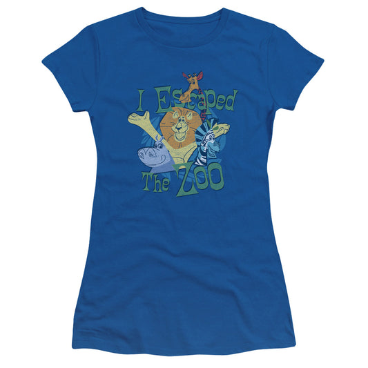 Madagascar Escaped Junior Sheer Cap Sleeve Womens T Shirt Royal Blue