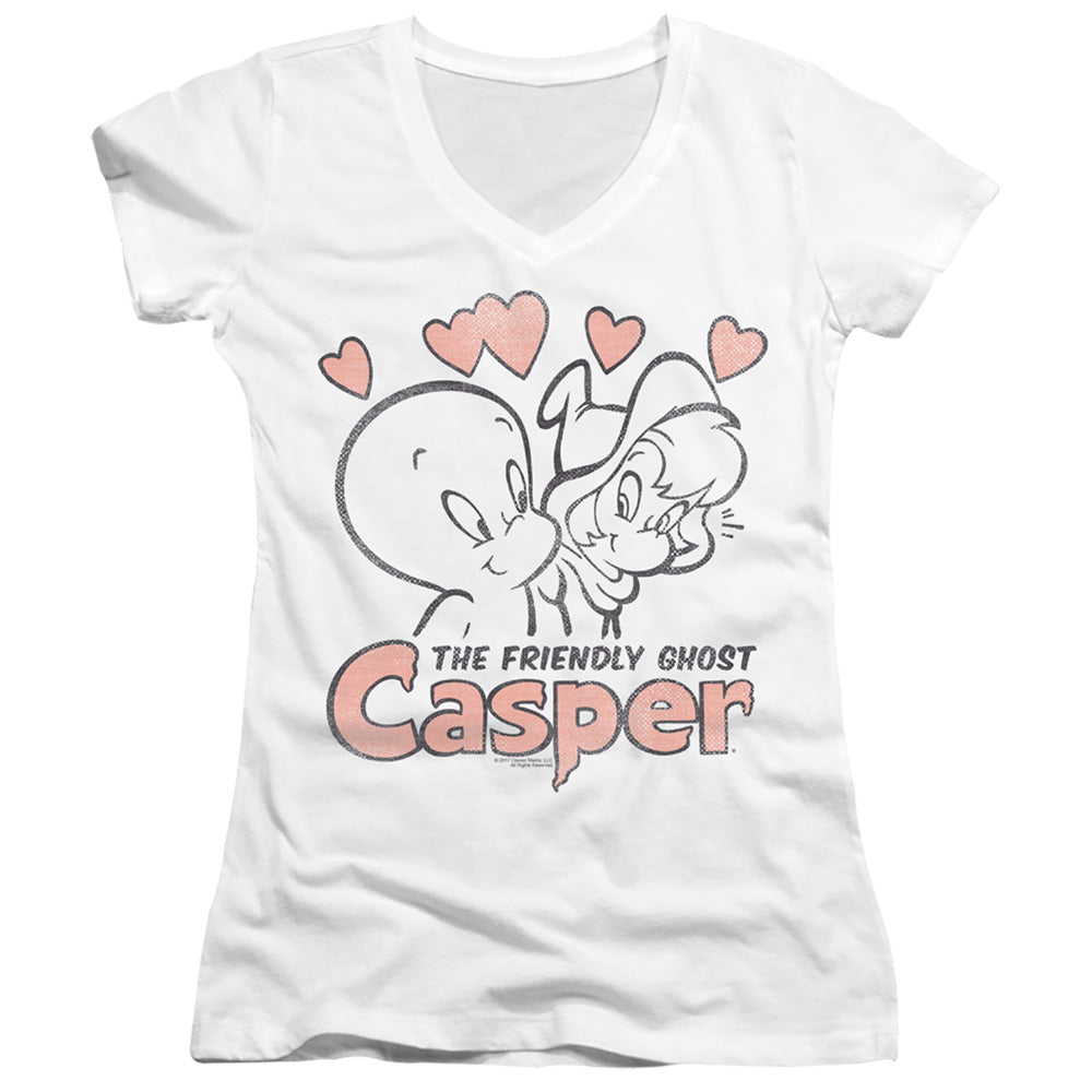 Casper Hearts Junior Sheer Cap Sleeve V Neck Womens T Shirt White