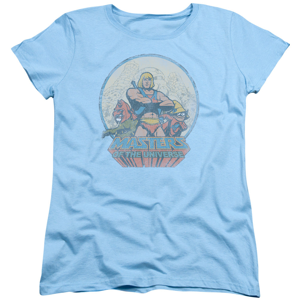Masters of the Universe He Man and Crew Womens T Shirt Light Blue