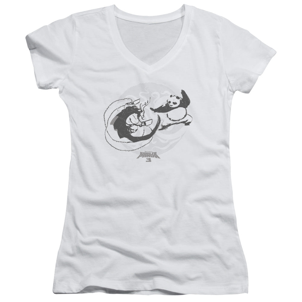 Kung Fu Panda Face Off Junior Sheer Cap Sleeve V-Neck Womens T Shirt White