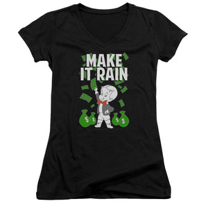 Richie Rich Make It Rain Junior Sheer Cap Sleeve V Neck Womens T Shirt Black