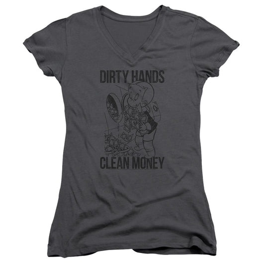 Richie Rich Clean Money Junior Sheer Cap Sleeve V Neck Womens T Shirt Charcoal