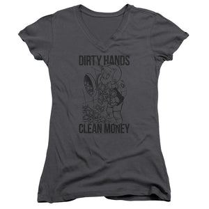 Richie Rich Clean Money Junior Sheer Cap Sleeve V Neck Womens T Shirt Charcoal