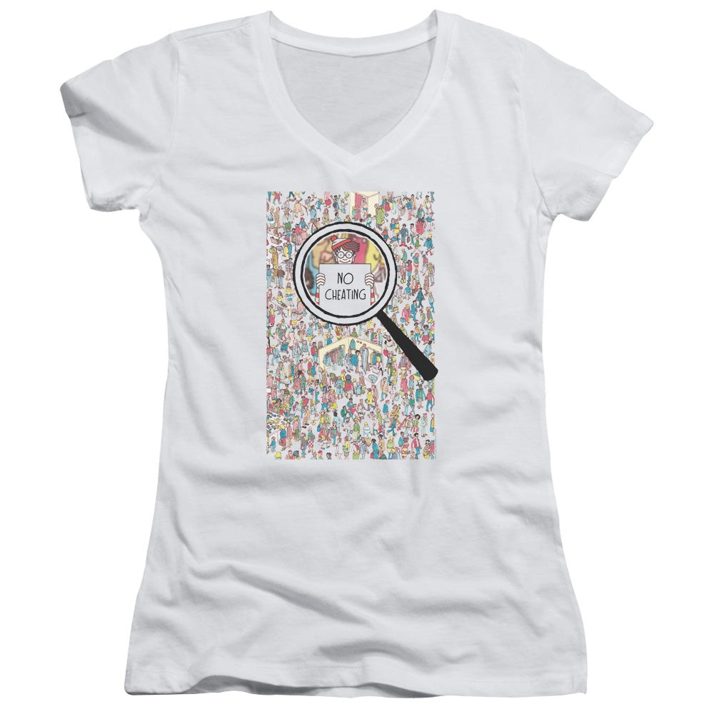 Wheres Waldo No Cheating Junior Sheer Cap Sleeve V Neck Womens T Shirt White