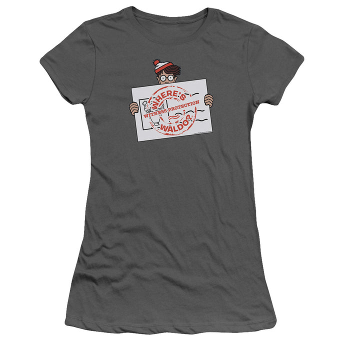 Wheres Waldo Witness Protection Junior Sheer Cap Sleeve Womens T Shirt Charcoal