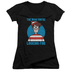 Wheres Waldo Looking for Me Junior Sheer Cap Sleeve V Neck Womens T Shirt Black