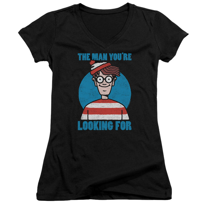 Wheres Waldo Looking for Me Junior Sheer Cap Sleeve V Neck Womens T Shirt Black