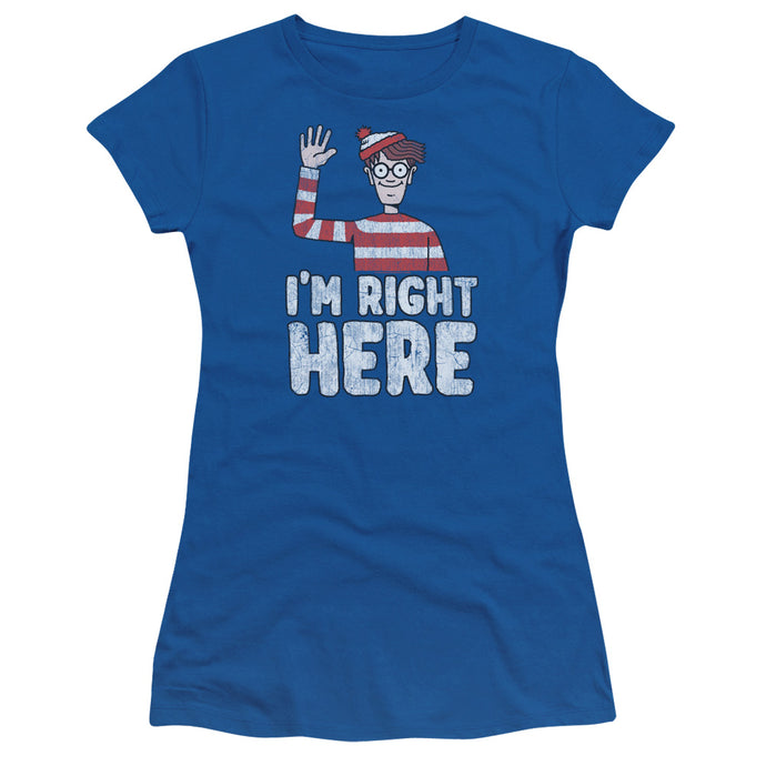 Wheres Waldo Im Right Here Junior Sheer Cap Sleeve Womens T Shirt Royal Blue