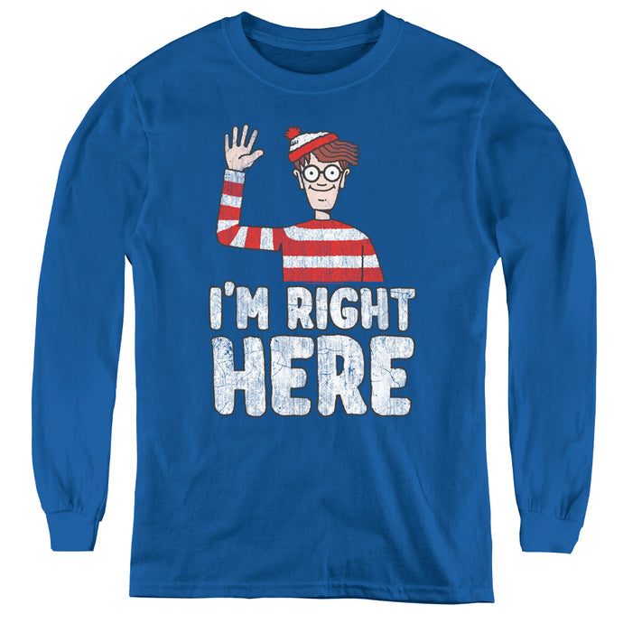 Wheres Waldo Im Right Here Long Sleeve Kids Youth T Shirt Royal Blue