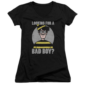 Wheres Waldo Bad Boy Junior Sheer Cap Sleeve V Neck Womens T Shirt Black