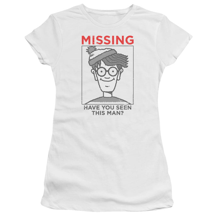 Wheres Waldo Missing Junior Sheer Cap Sleeve Womens T Shirt White