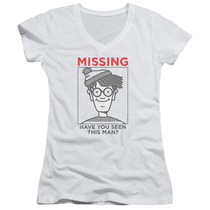 Wheres Waldo Missing Junior Sheer Cap Sleeve V Neck Womens T Shirt White