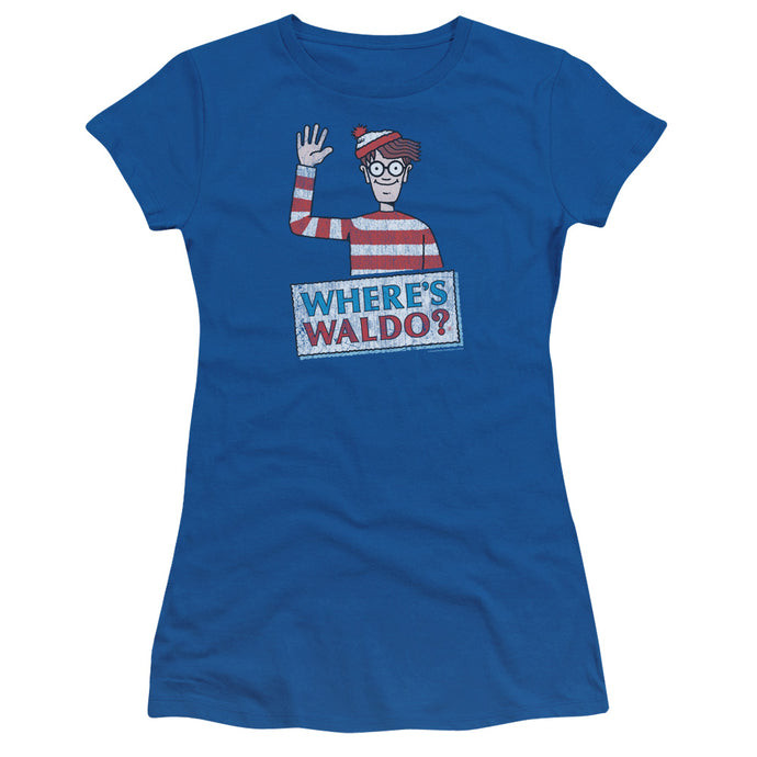 Wheres Waldo Waldo Wave Junior Sheer Cap Sleeve Womens T Shirt Royal Blue