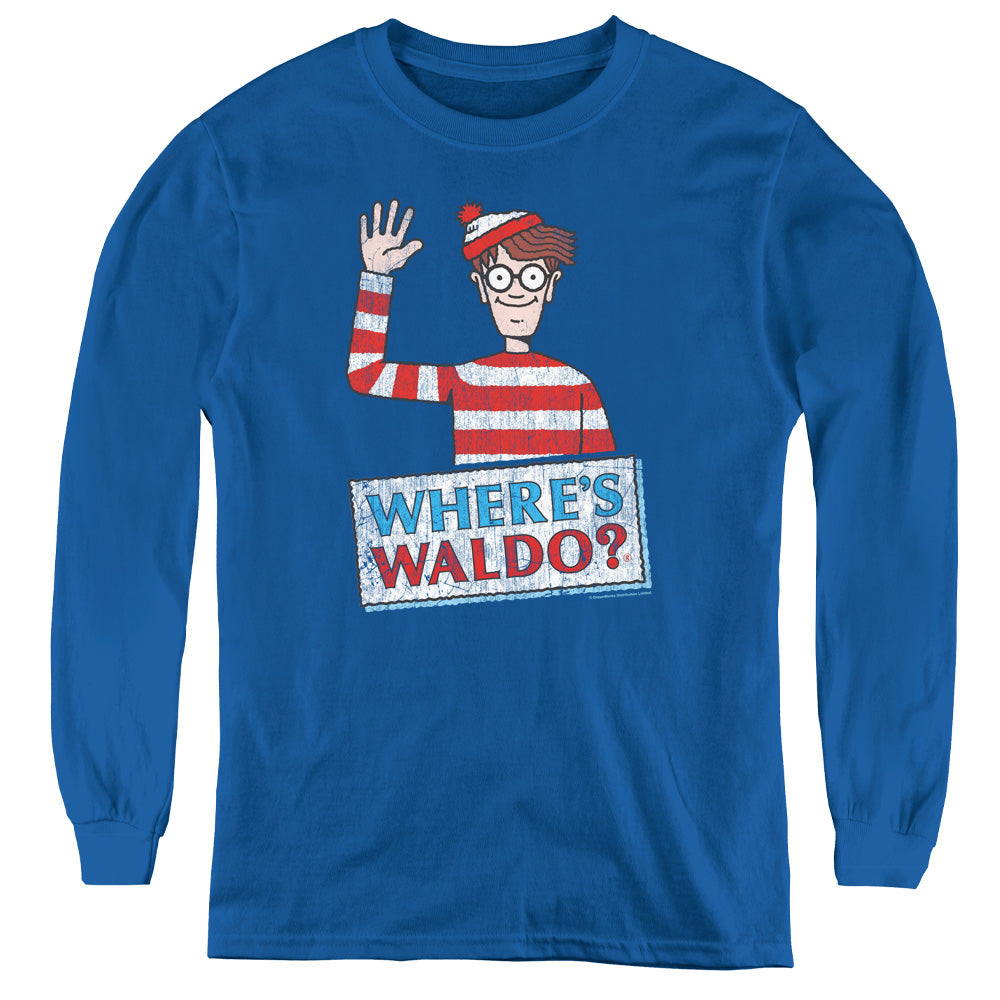 Wheres Waldo Waldo Wave Long Sleeve Kids Youth T Shirt Royal Blue