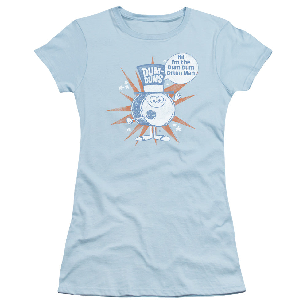 Dum Dums Drum Man Junior Sheer Cap Sleeve Womens T Shirt Light Blue