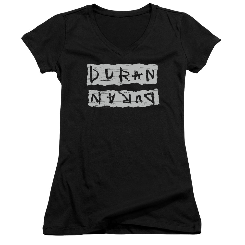 Duran Duran Print Error Junior Sheer Cap Sleeve V-Neck Womens T Shirt Black