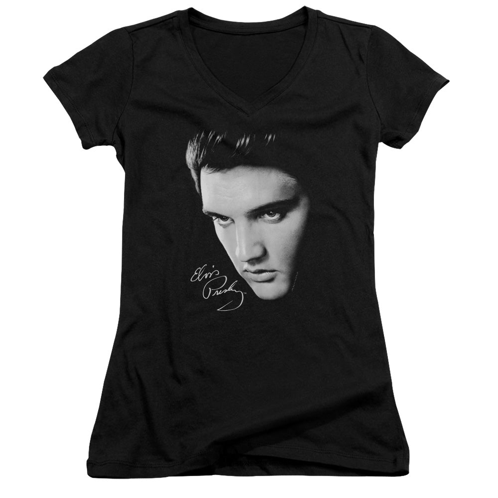 Elvis Presley Face Junior Sheer Cap Sleeve V-Neck Womens T Shirt Black