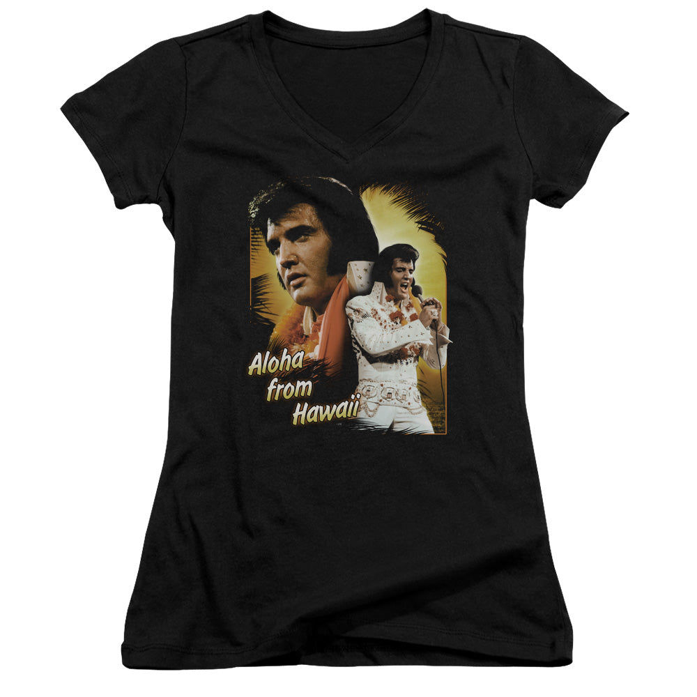 Elvis Presley Aloha Junior Sheer Cap Sleeve V-Neck Womens T Shirt Black