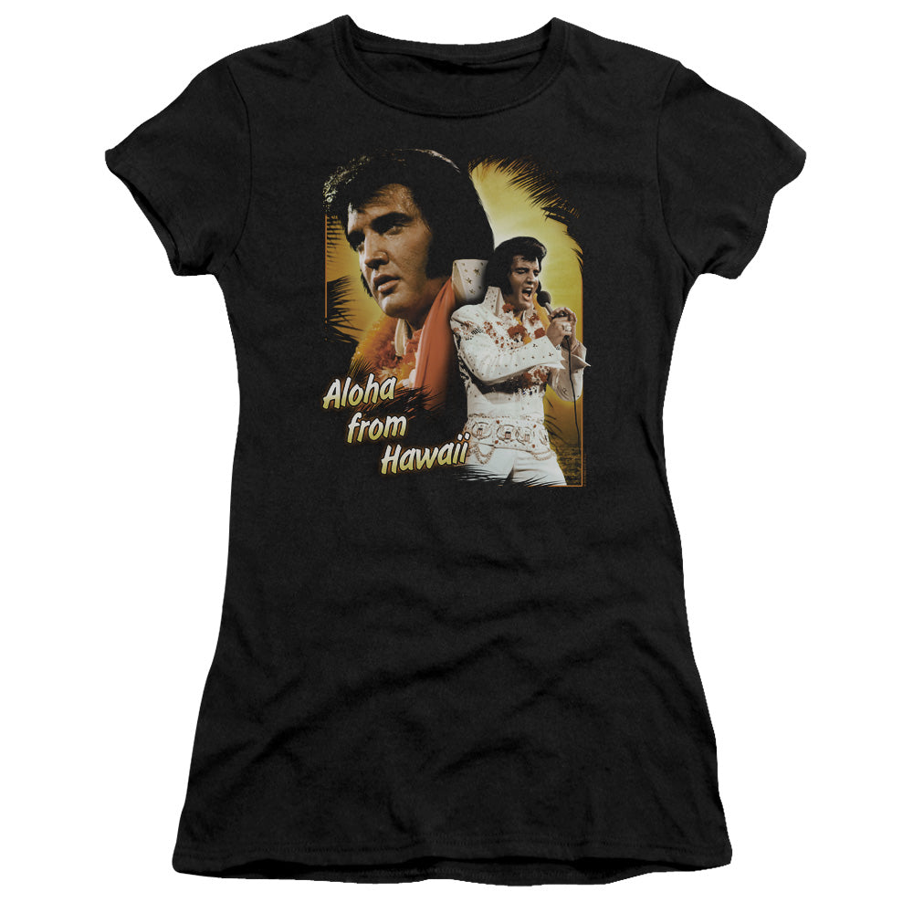 Elvis Presley Aloha Junior Sheer Cap Sleeve Premium Bella Canvas Womens T Shirt Black