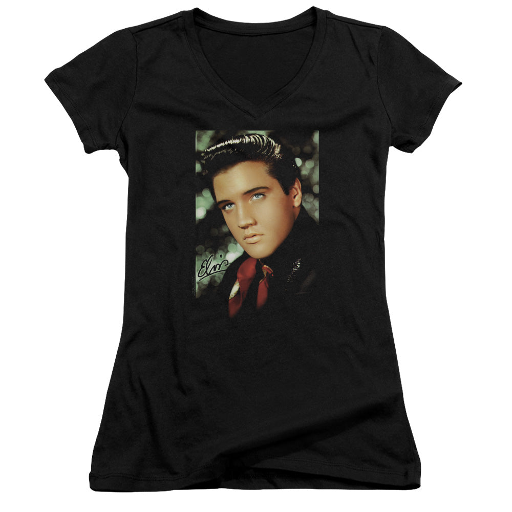 Elvis Presley Red Scarf Junior Sheer Cap Sleeve V-Neck Womens T Shirt Black