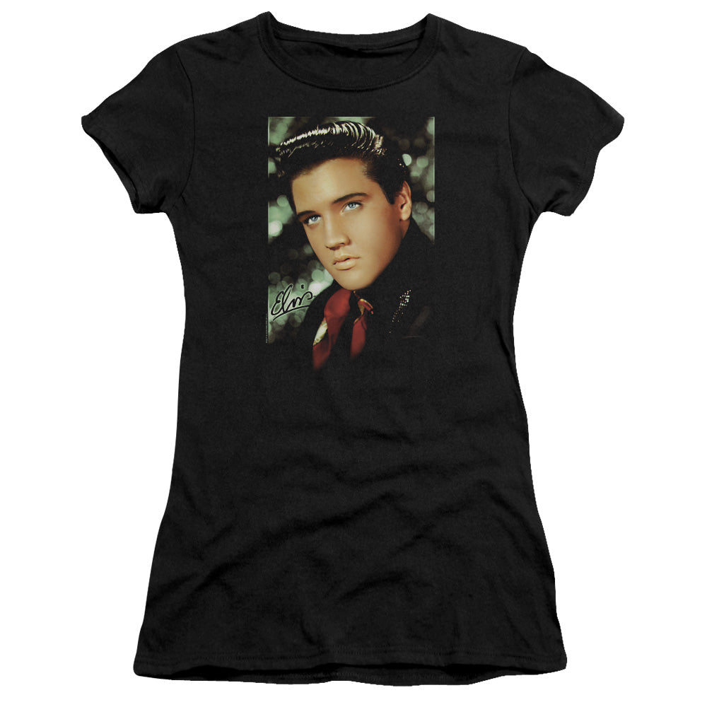 Elvis Presley Red Scarf Junior Sheer Cap Sleeve Premium Bella Canvas Womens T Shirt Black