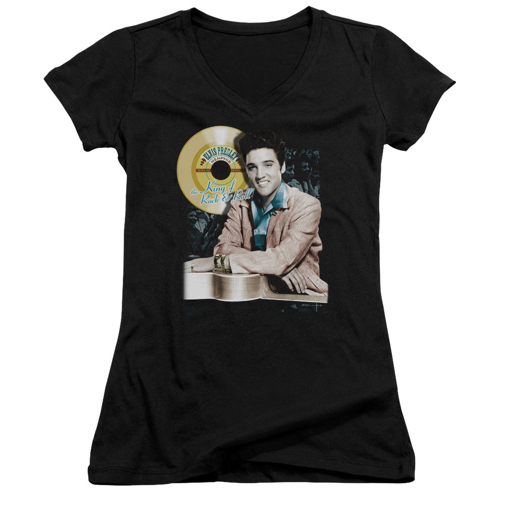 Elvis Presley Gold Record Junior Sheer Cap Sleeve V-Neck Womens T Shirt Black