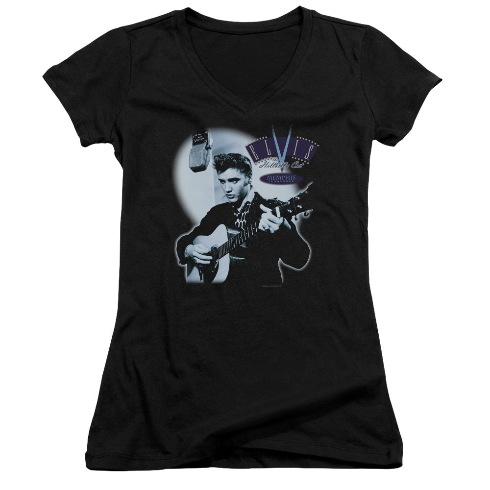 Elvis Presley HillBilly Cat Junior Sheer Cap Sleeve V-Neck Womens T Shirt Black