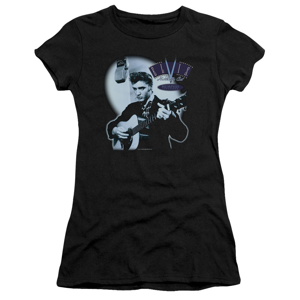 Elvis Presley HillBilly Cat Junior Sheer Cap Sleeve Premium Bella Canvas Womens T Shirt Black