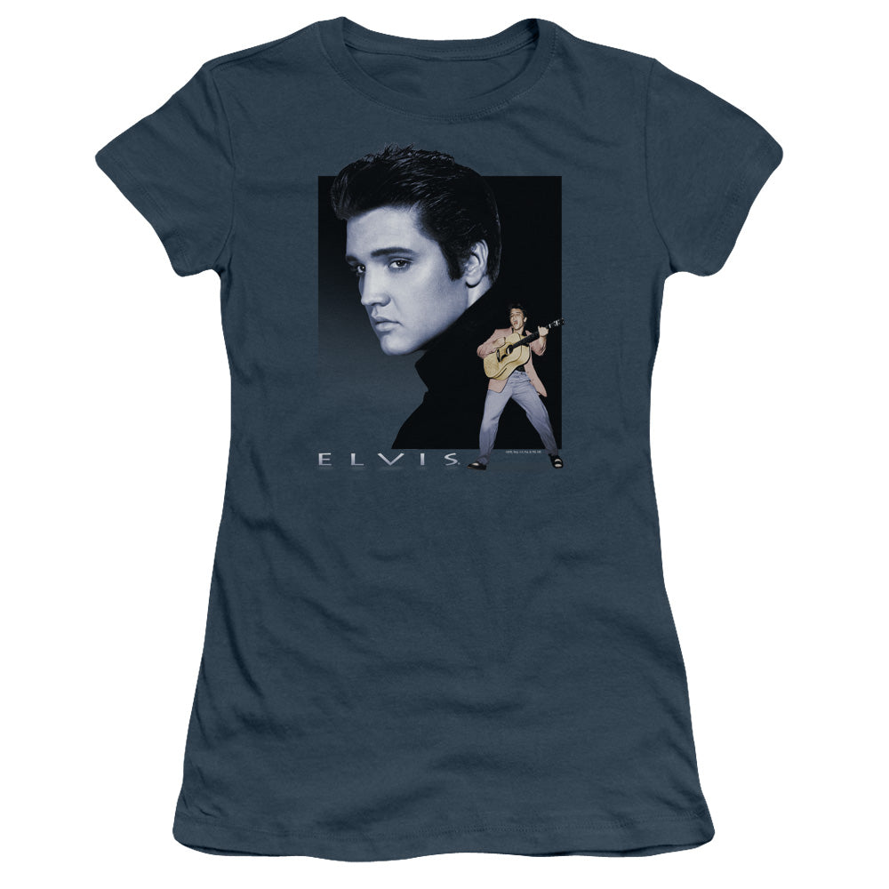 Elvis Presley Blue Rocker Junior Sheer Cap Sleeve Womens T Shirt Indigo