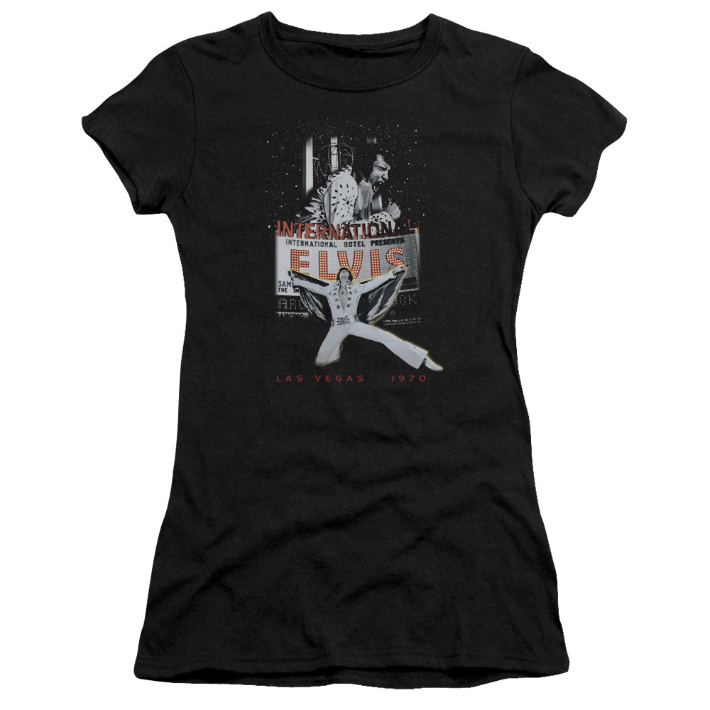 Elvis Presley Las Vegas Junior Sheer Cap Sleeve Womens T Shirt Black