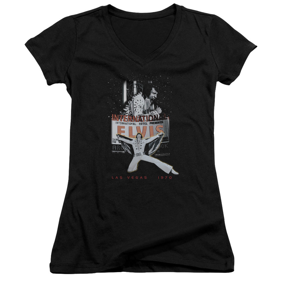 Elvis Presley Las Vegas Junior Sheer Cap Sleeve V-Neck Womens T Shirt Black