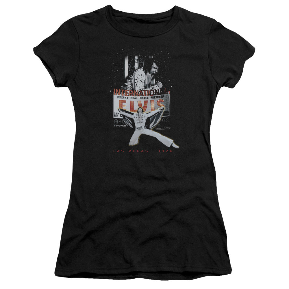 Elvis Presley Las Vegas Junior Sheer Cap Sleeve Premium Bella Canvas Womens T Shirt Black