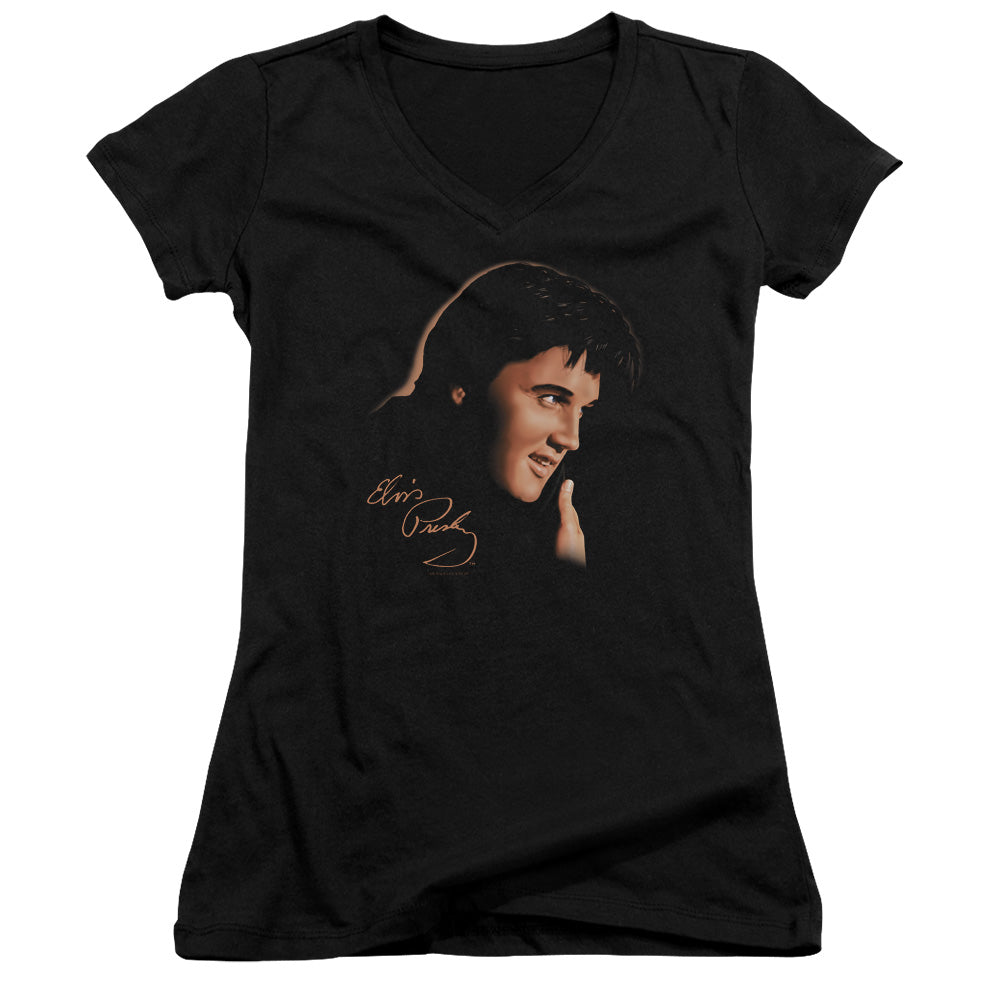 Elvis Presley Warm Portrait Junior Sheer Cap Sleeve V-Neck Womens T Shirt Black