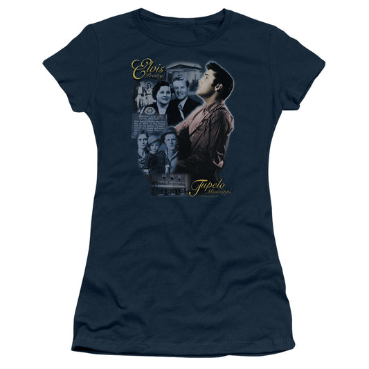 Elvis Presley Tupelo Junior Sheer Cap Sleeve Womens T Shirt Navy Blue