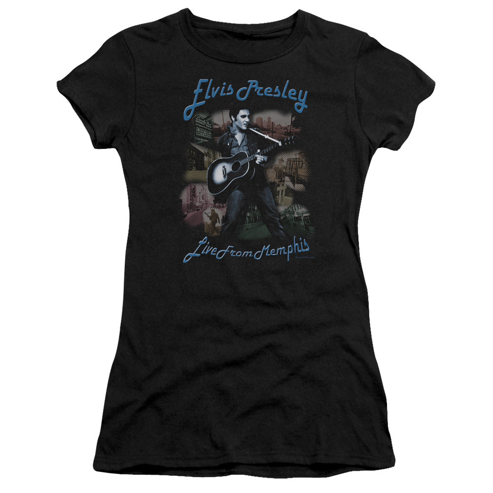 Elvis Presley Memphis Junior Sheer Cap Sleeve Premium Bella Canvas Womens T Shirt Black