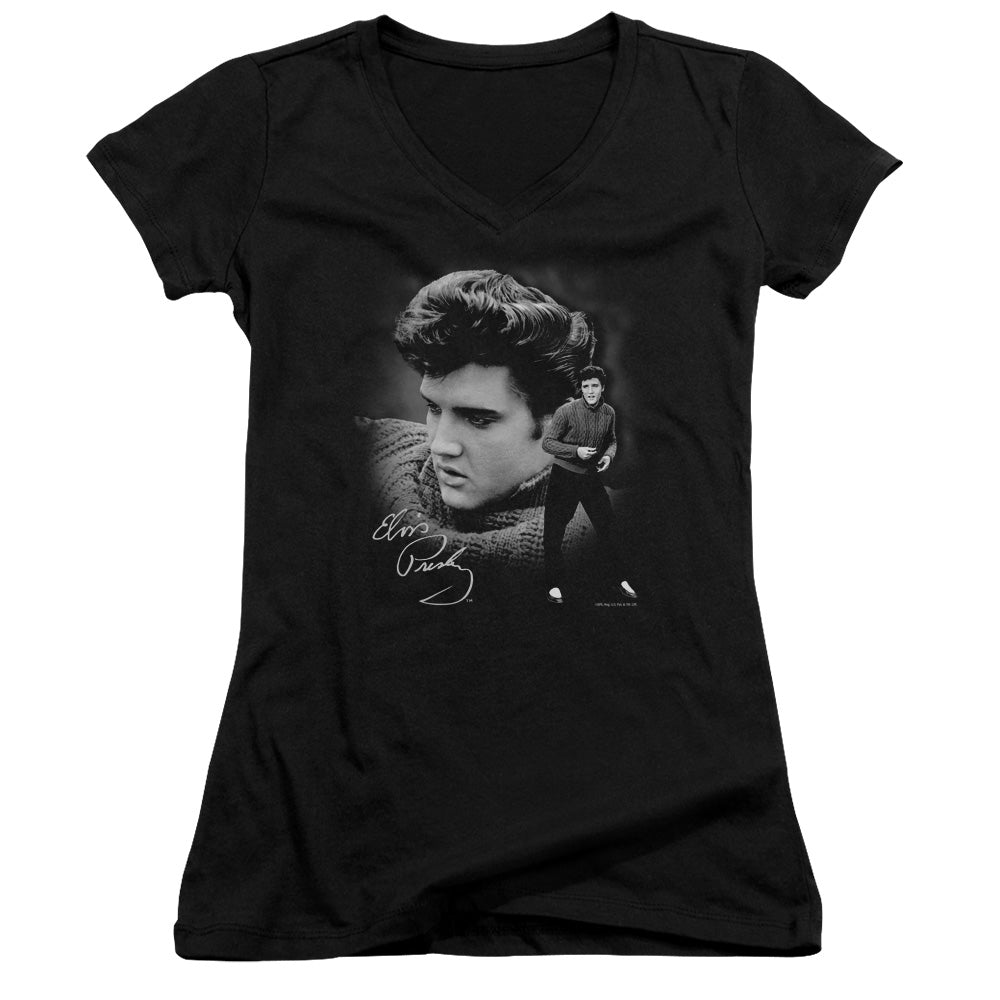 Elvis Presley Sweater Junior Sheer Cap Sleeve V-Neck Womens T Shirt Black