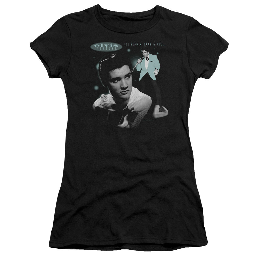 Elvis Presley Teal Portrait Junior Sheer Cap Sleeve Womens T Shirt Black