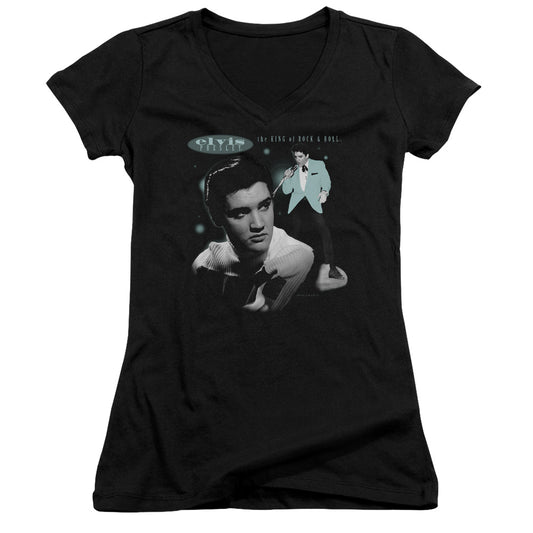 Elvis Presley Teal Portrait Junior Sheer Cap Sleeve V-Neck Womens T Shirt Black