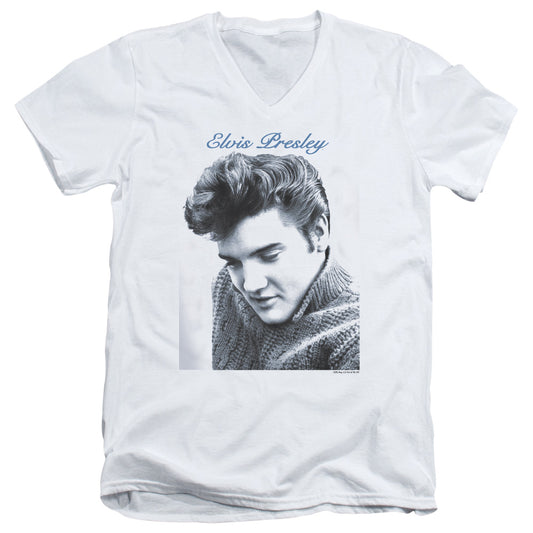 Elvis Presley Script Sweater Mens Slim Fit V-Neck T Shirt White