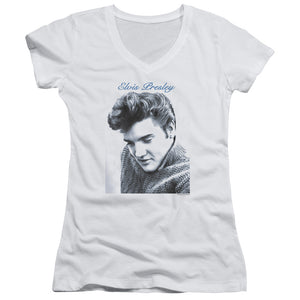 Elvis Presley Script Sweater Junior Sheer Cap Sleeve V-Neck Womens T Shirt White