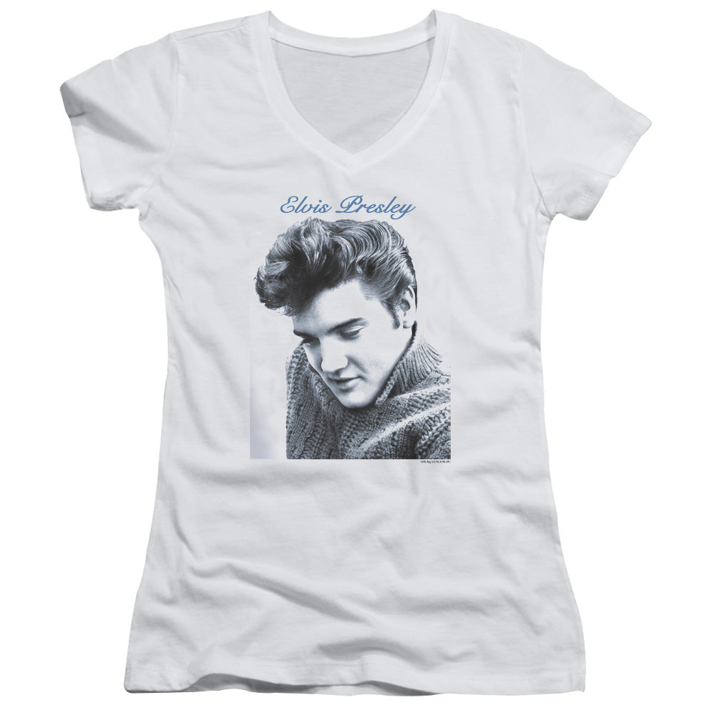 Elvis Presley Script Sweater Junior Sheer Cap Sleeve V-Neck Womens T Shirt White