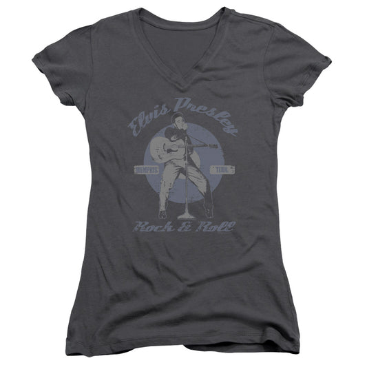 Elvis Presley Rock & Roll Junior Sheer Cap Sleeve V-Neck Womens T Shirt Charcoal